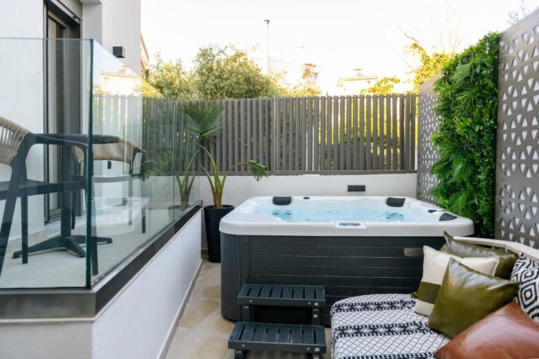 Sentio Thassos Suites exterior with garden and jacuzzi